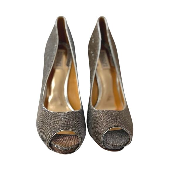 Badgley Mischka Heels - Silver Sparkle Peep Toe 5 inch Stiletto - Leather Soles - Picture 6 of 12